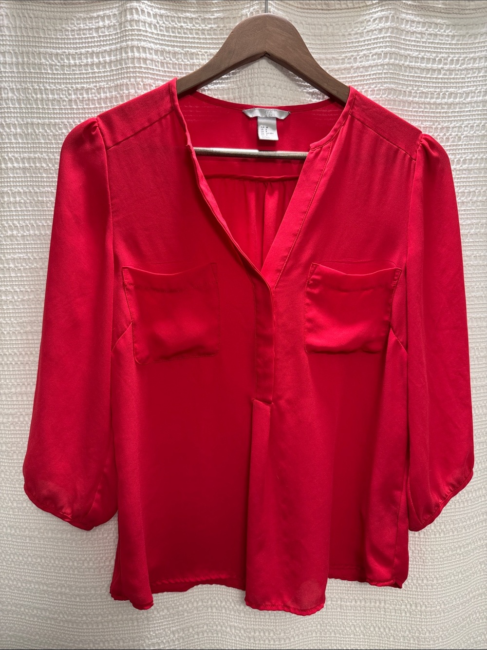 Women's Pink Split-Neck Blouse with Chest Pockets
